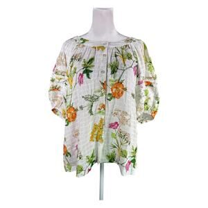 Jane + Delancey XL Short Puff Sleeve Button Up Blouse White Floral Cottagecore